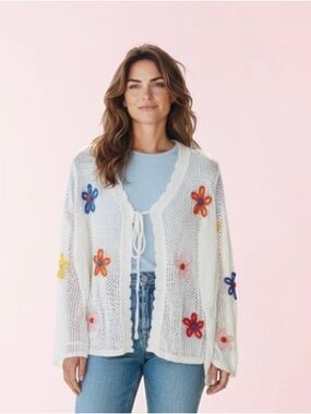 NWT: BloomChic 14/16 White Floral Crochet Tie-Front Cardigan Sweater